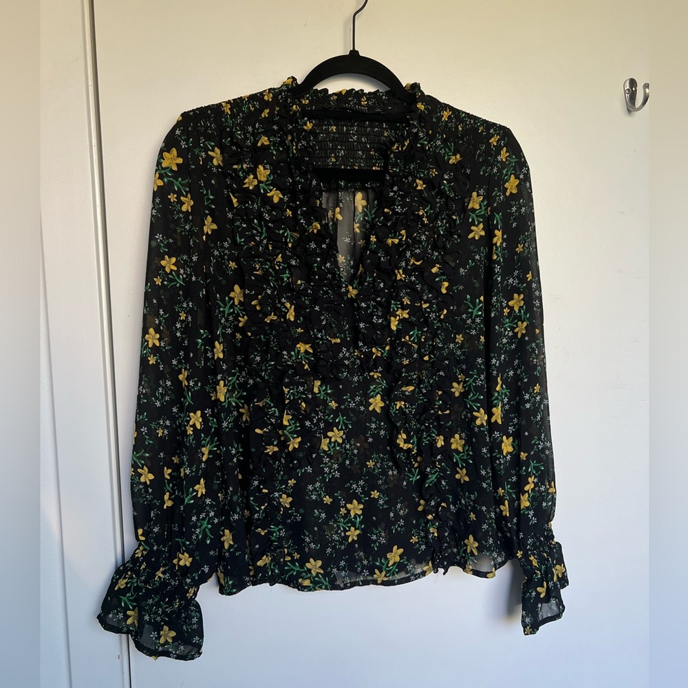 🌿 5/$15 ZARA Basic Blouse Womens Floral Fairycore Bohemain Dainty Mock Neck